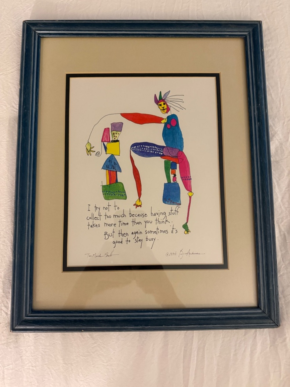 The Story People by Brian Andreas Titled ‘Too Much Stuff’ Signed Matted Framed